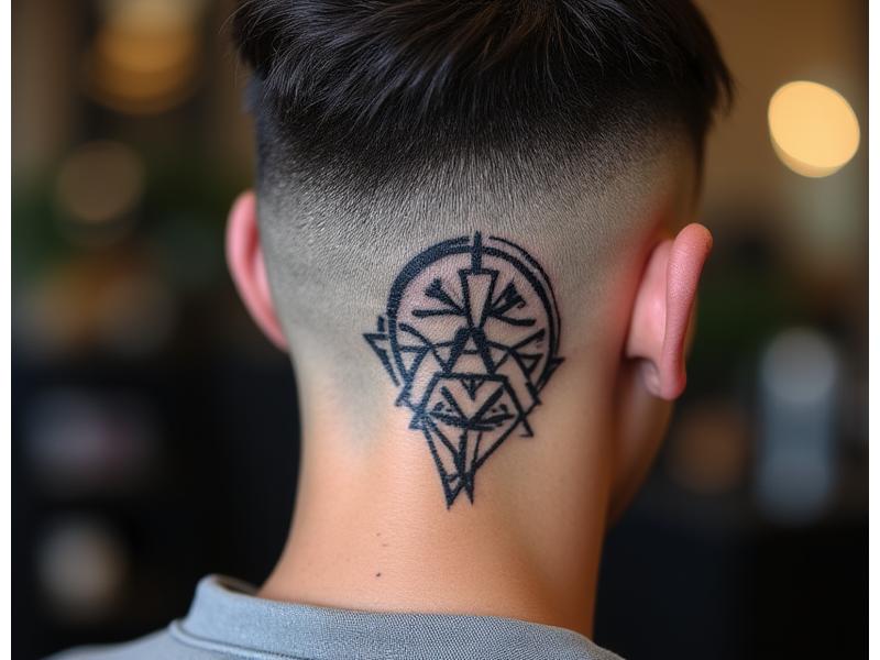 Close-up view of intricate hair tattoo design expertly cut into short hair
