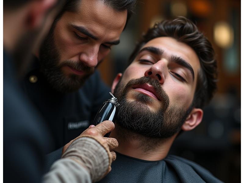Barber meticulously trimming a client's beard with precision tools.